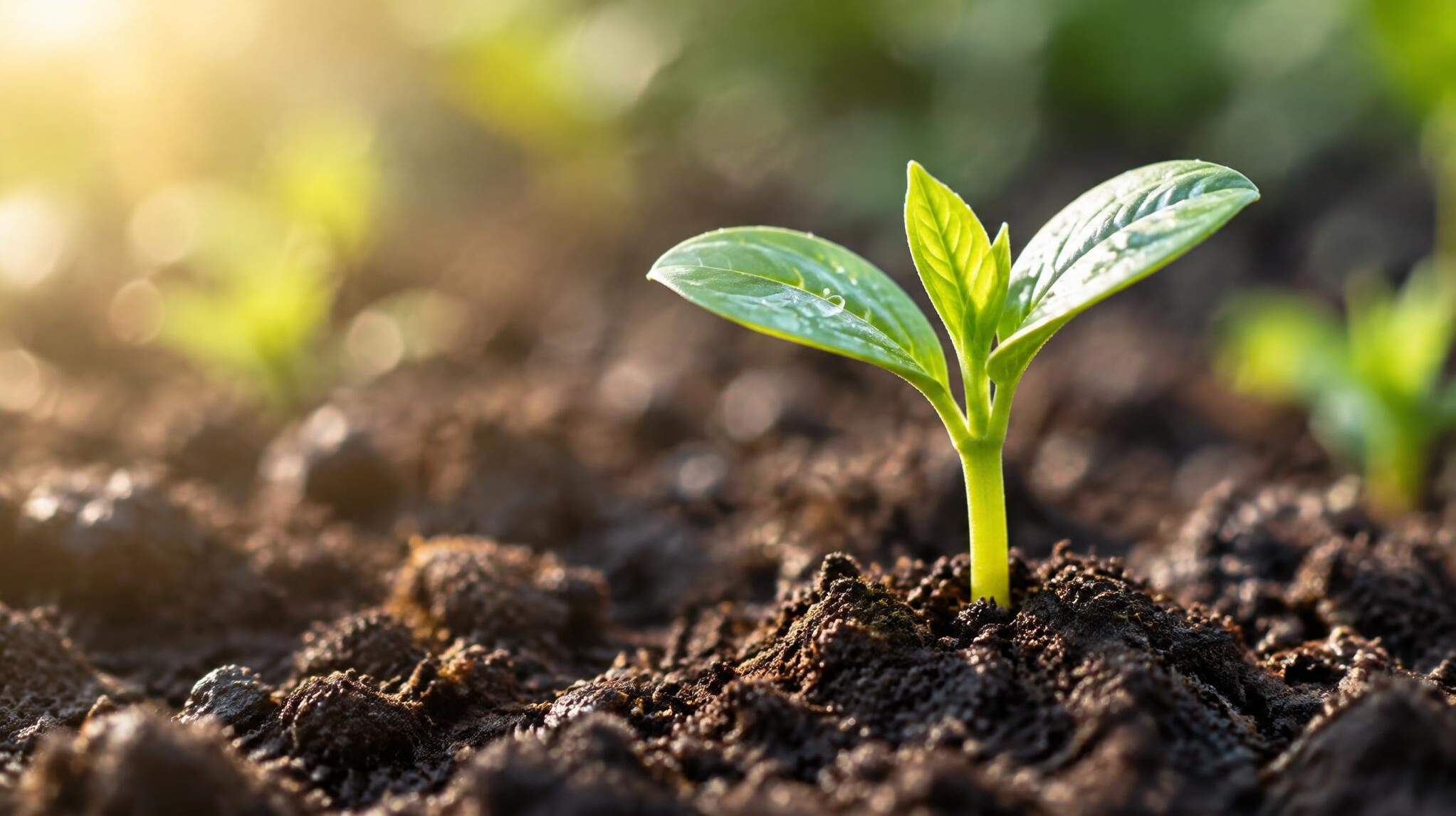 Small green sprout growing from soil in sunlight