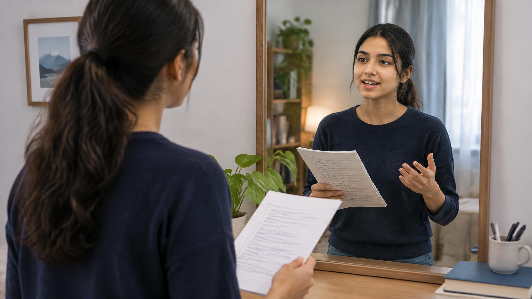 woman practicing speech in mirror