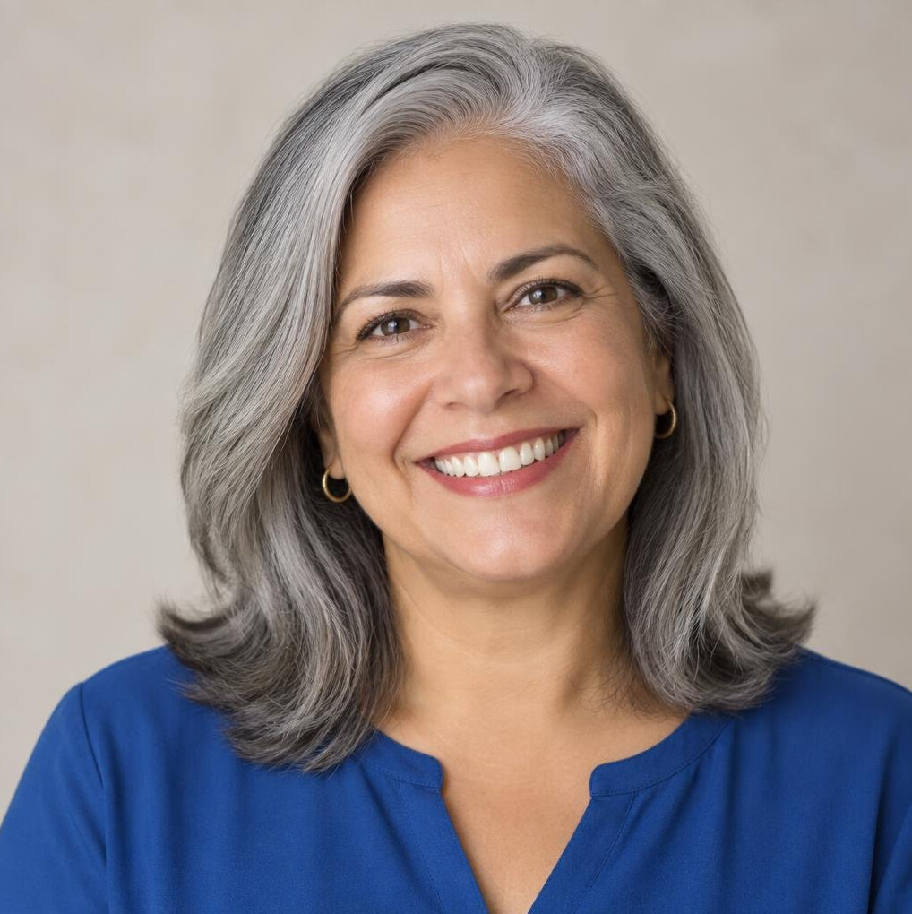 Older woman with grey hair smiling warmly at the camera