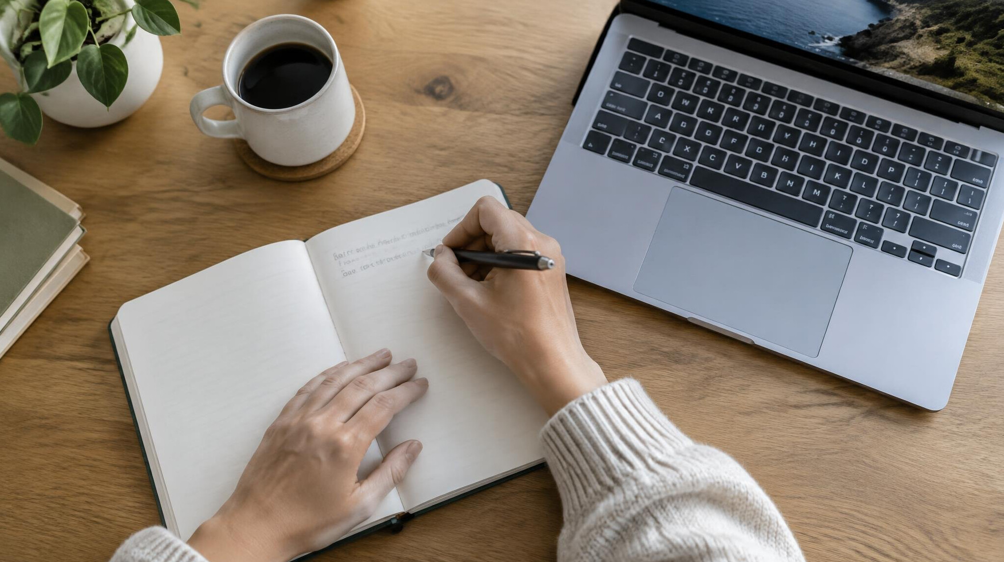 Hands writing in a journal next to a laptop